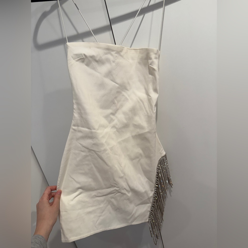 Oh Polly Cream Sleeveless Cocktail Dress with Spaghetti Straps